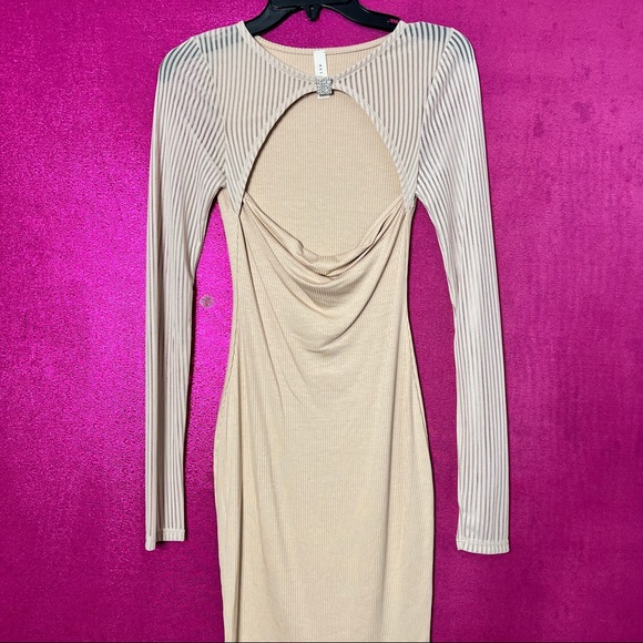 SOLD/Nude Mesh Sleeve Detail Dress with Diamond Brooch Ribbed Bodycon Dress - Picture 13 of 16